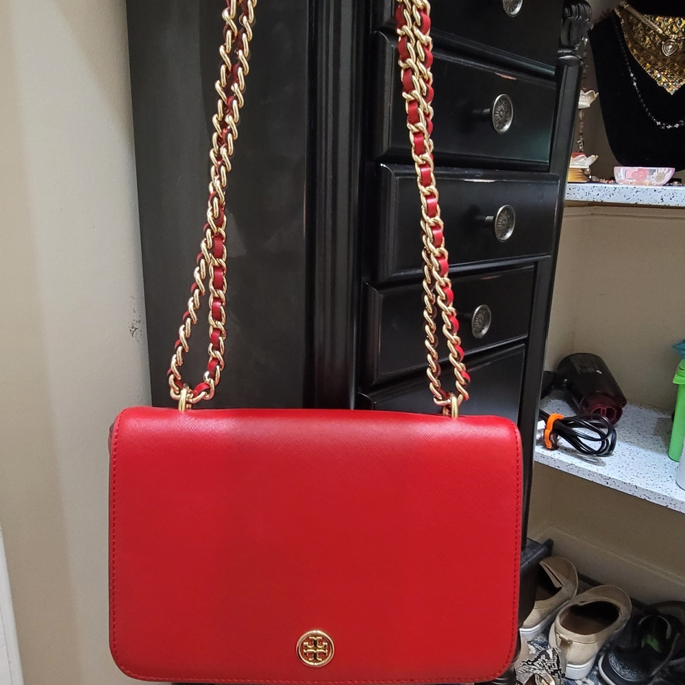 Tory Burch Red Leather Chain-Shoulder Crossbody
